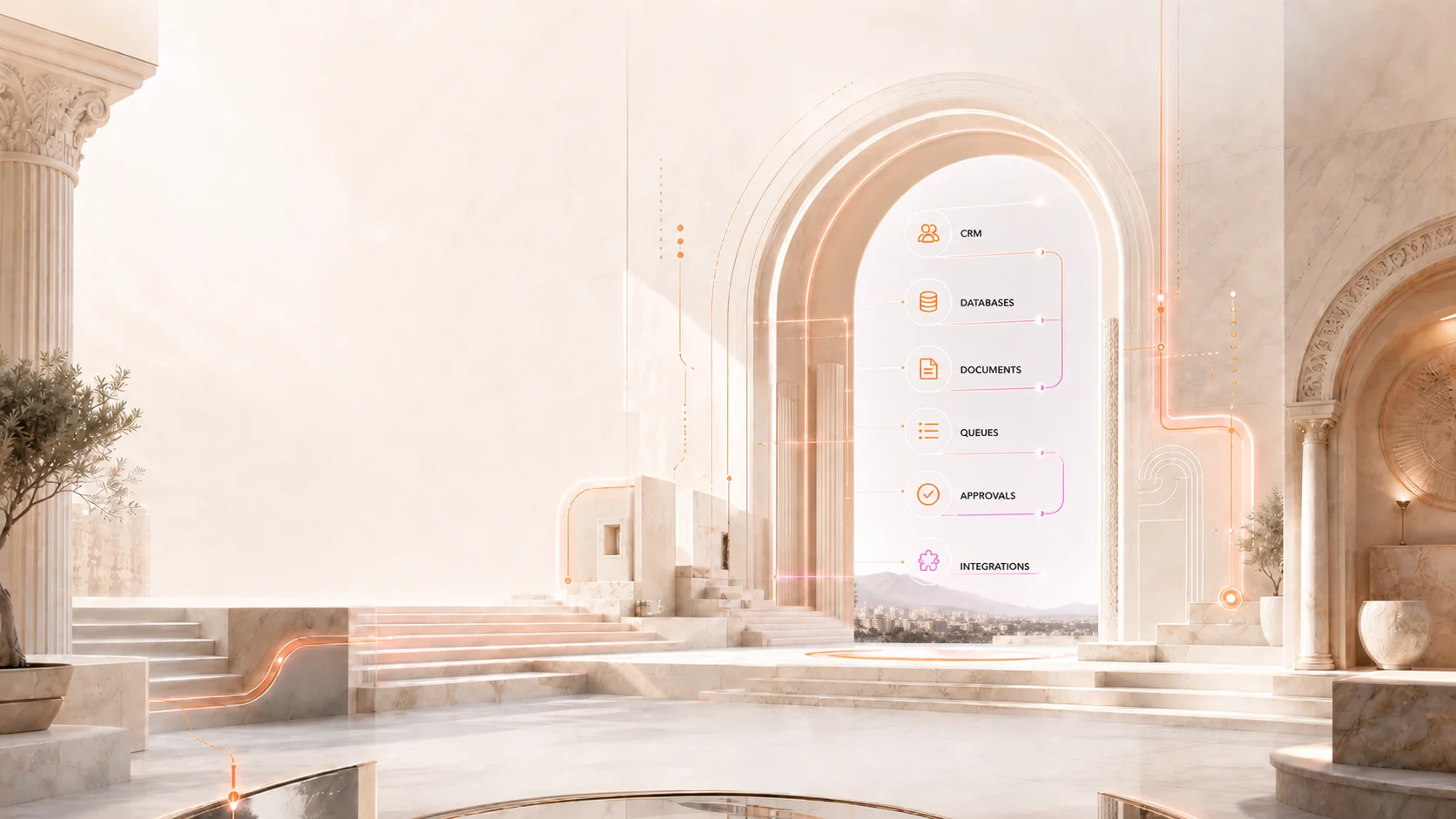 Industrial archway corridor framing the CloudNSite homepage for mid-market AI automation.