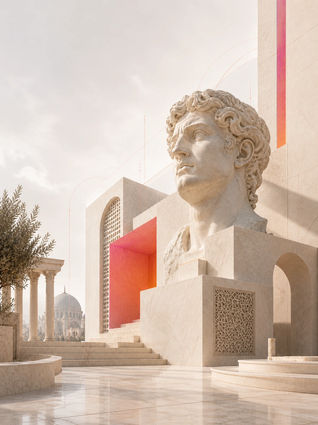 Classical bust and warm architectural arches representing production AI systems