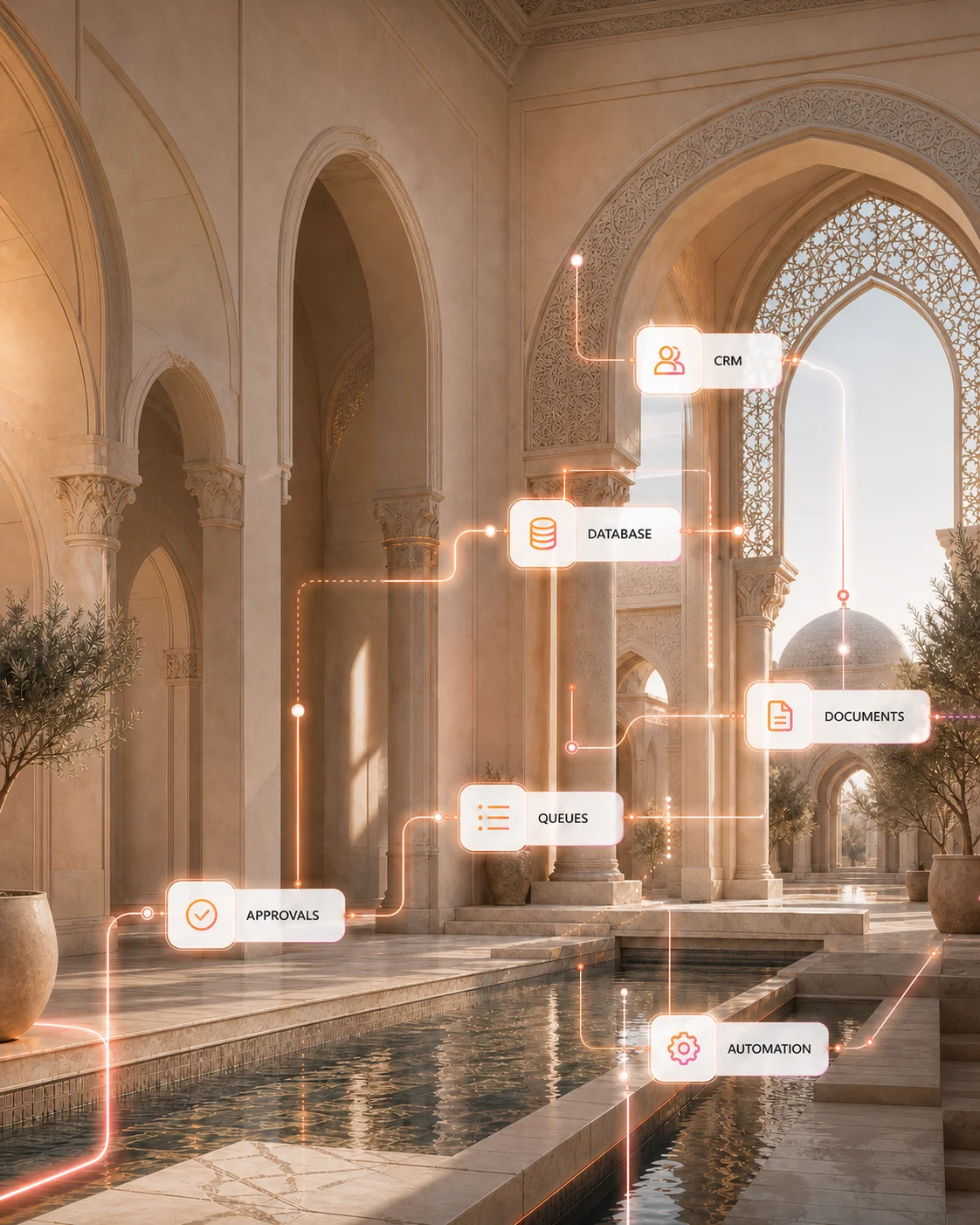 Arched colonnade with floating CRM, database, documents, queues, approvals, and automation chips connected by coral filaments