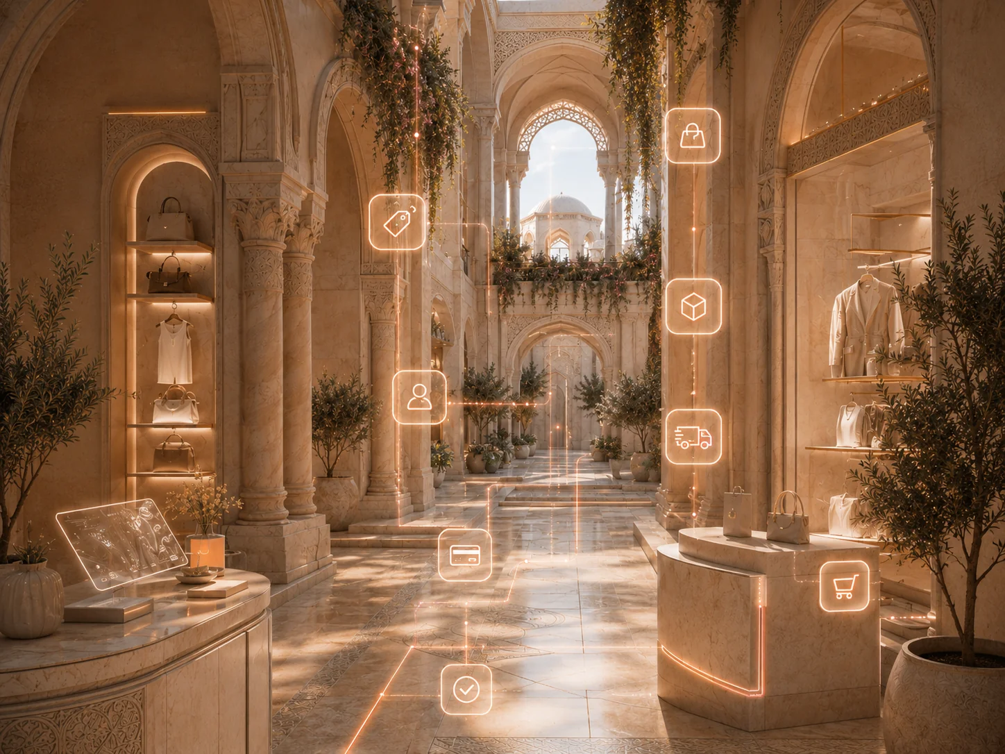Industrial architectural scene for Retail AI consulting and workflow automation.