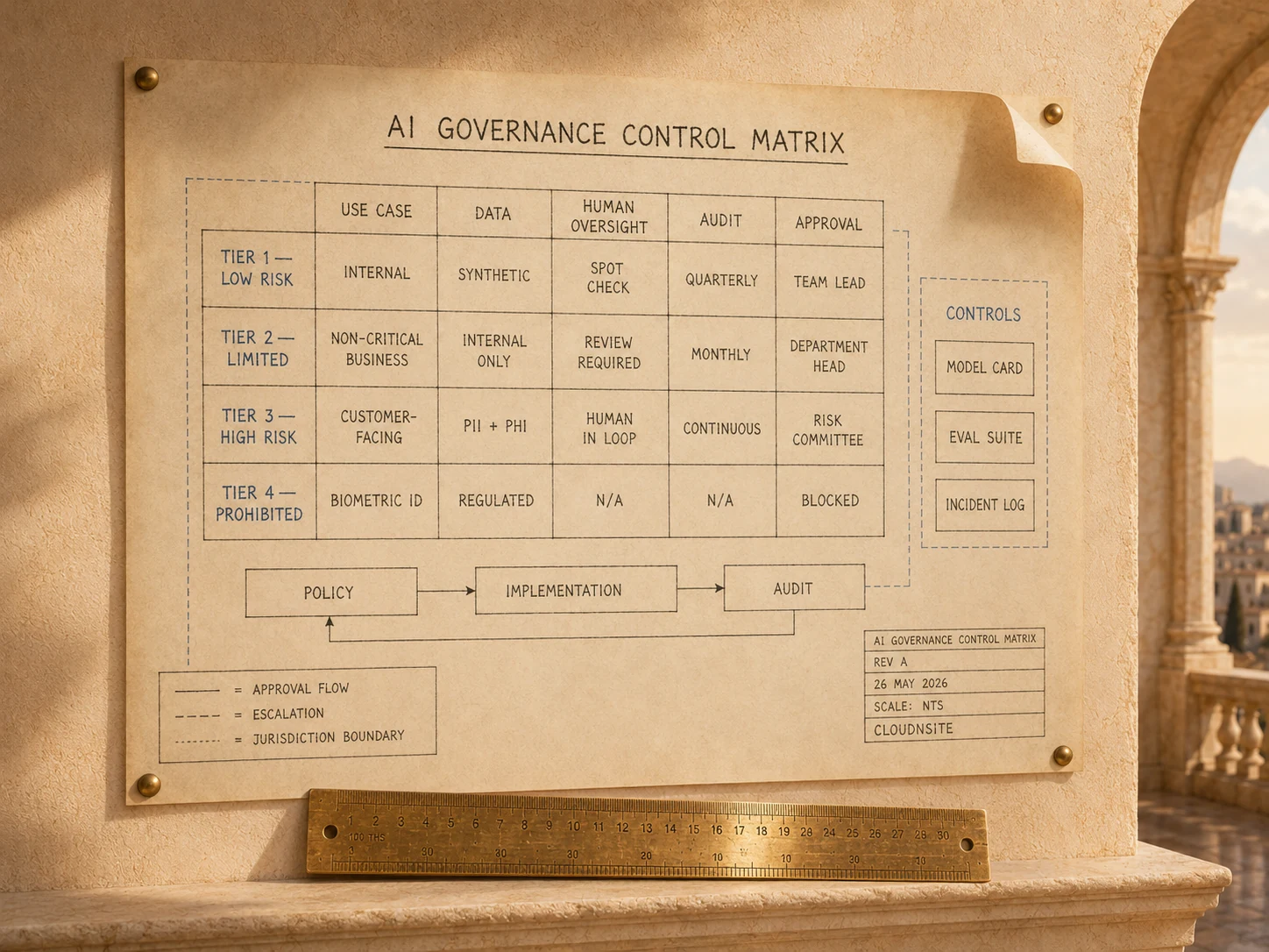 AI governance control matrix engineering plate showing four risk tiers (low risk, limited, high risk, prohibited) with use case, data classification, human oversight requirement, audit cadence, and approval authority, plus controls (model card, eval suite, incident log) and the policy, implementation, audit cycle.