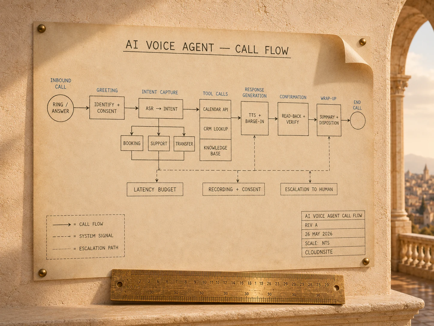 AI Voice Agent call flow engineering plate showing greeting, intent capture, tool calls, response generation, confirmation, and wrap-up stages with latency budget, recording consent, and human escalation paths.