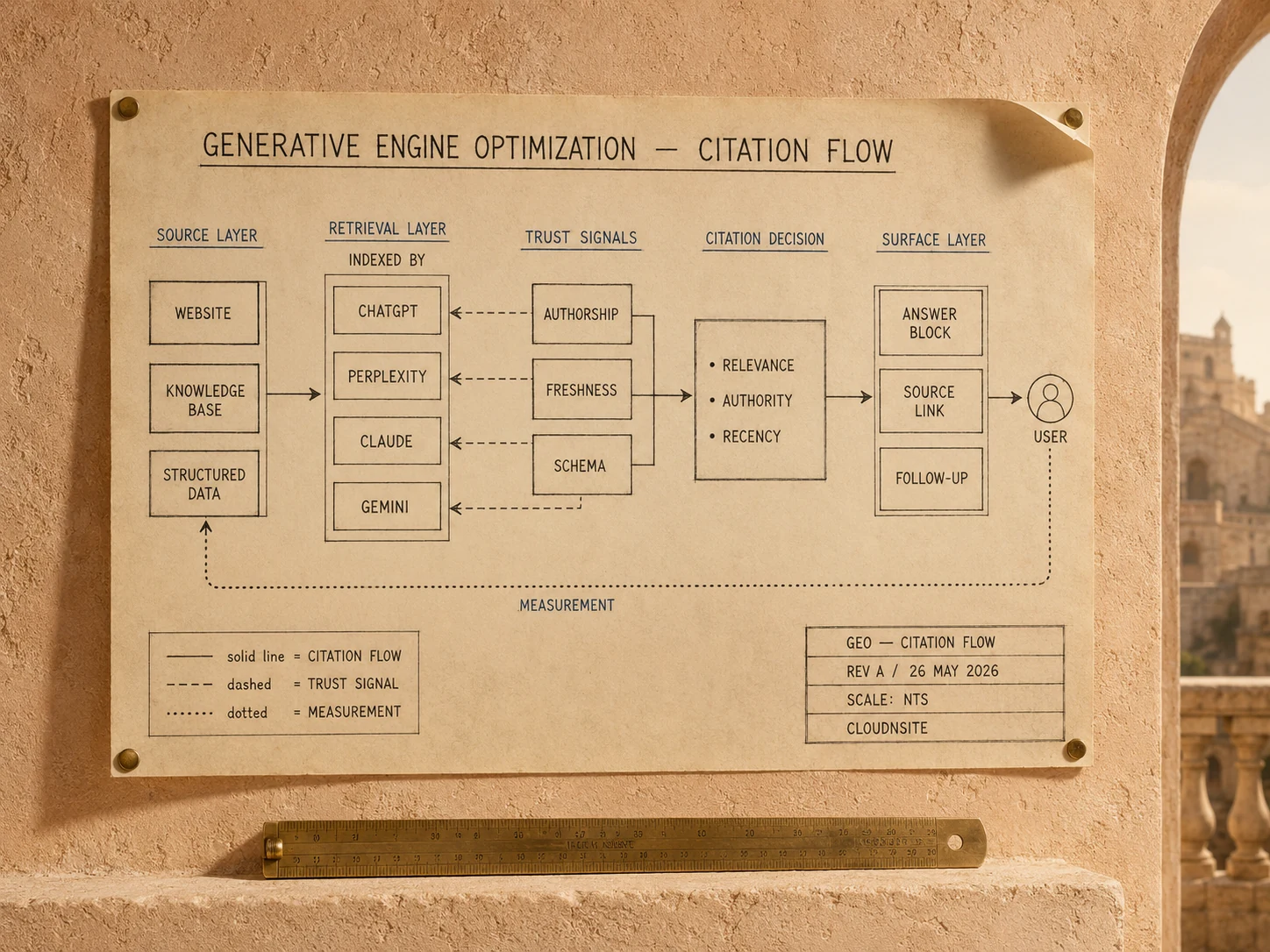 Generative engine optimization citation flow engineering plate showing source layer (website, knowledge base, structured data), retrieval layer indexed by ChatGPT, Perplexity, Claude, and Gemini, trust signals (authorship, freshness, schema), citation decision (relevance, authority, recency), surface layer (answer block, source link, follow-up), and the measurement feedback loop.