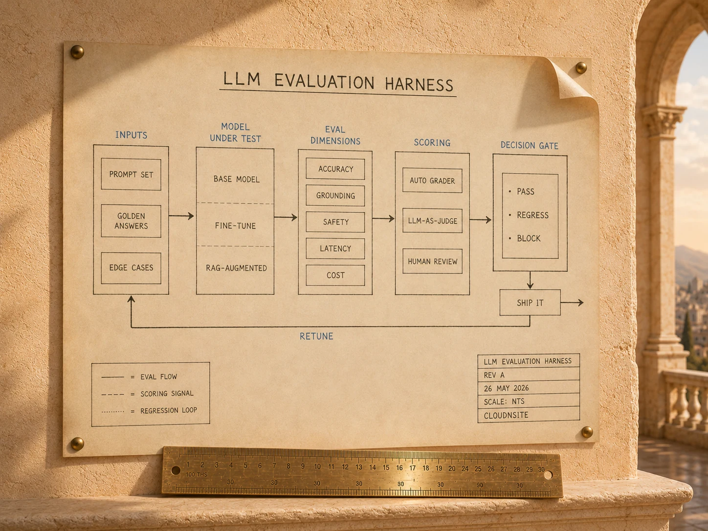 LLM evaluation harness engineering plate showing inputs (prompt set, golden answers, edge cases), model under test (base model, fine-tune, RAG-augmented), eval dimensions (accuracy, grounding, safety, latency, cost), scoring (auto grader, LLM-as-judge, human review), decision gate (pass, regress, block), and the retune feedback loop.