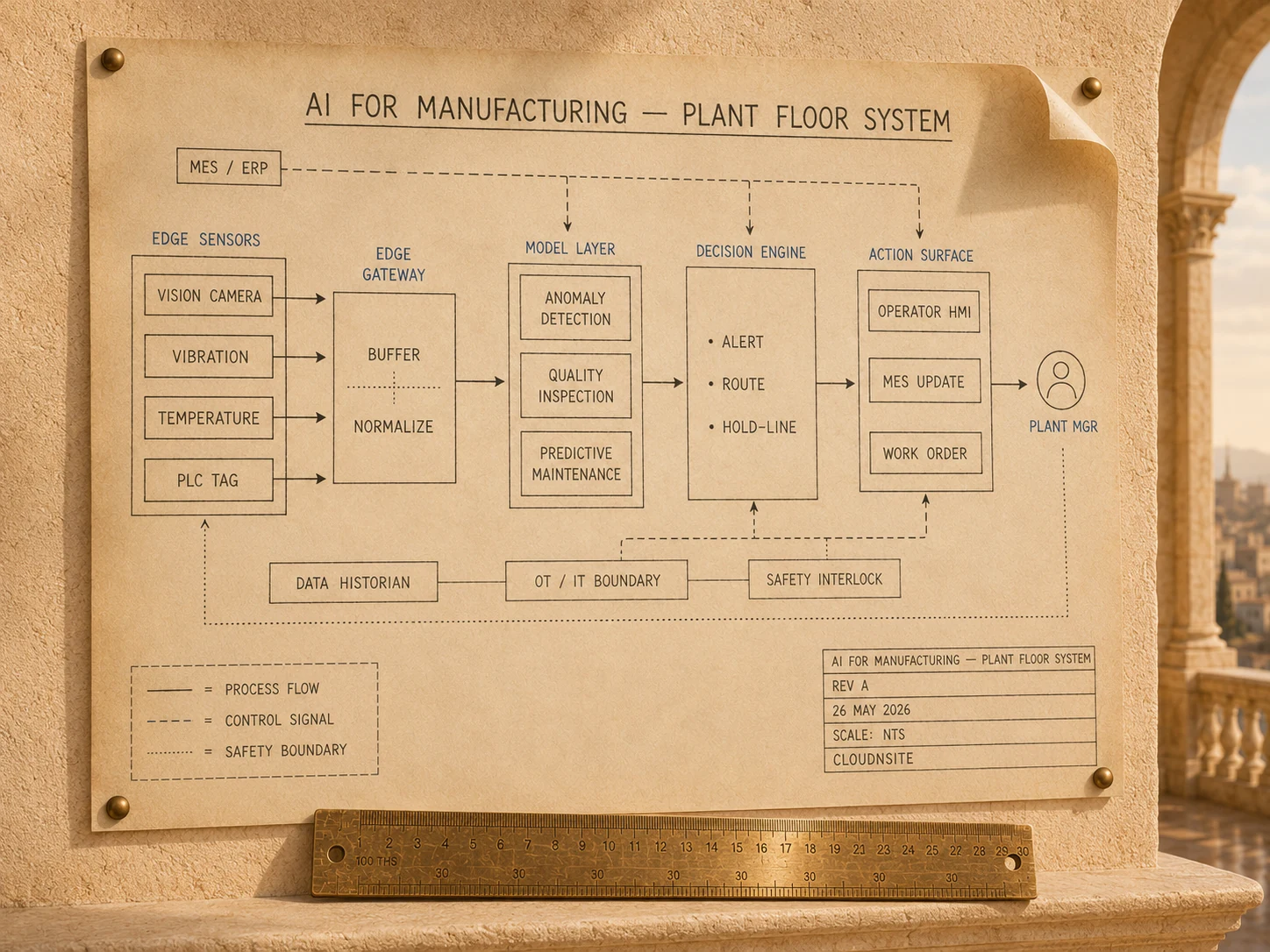 AI for Manufacturing plant floor system engineering plate showing edge sensors (vision camera, vibration, temperature, PLC tag), edge gateway with buffer and normalize, model layer with anomaly detection, quality inspection, and predictive maintenance, decision engine with alert, route, and hold-line, action surface with operator HMI, MES update, and work order, plus data historian, OT/IT boundary, and safety interlock.