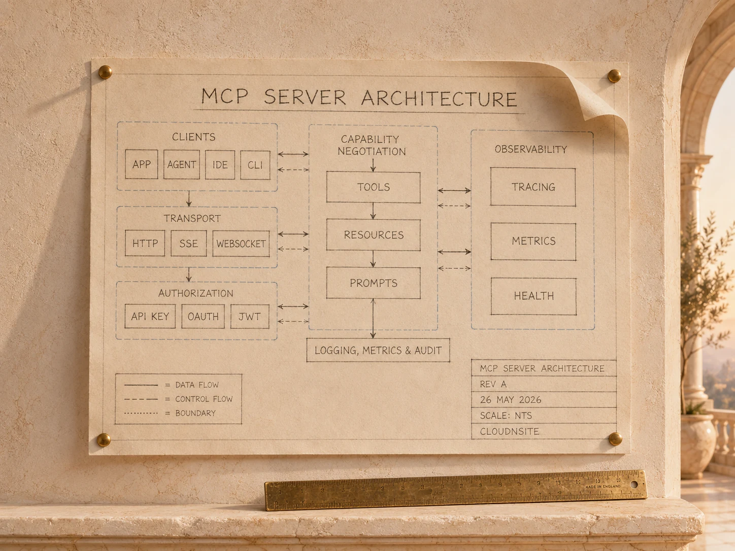 MCP server architecture engineering plate showing clients (App, Agent, IDE, CLI), transport (HTTP, SSE, WebSocket), authorization (API Key, OAuth, JWT), capability negotiation (Tools, Resources, Prompts), observability (Tracing, Metrics, Health), and the central logging, metrics, and audit boundary.