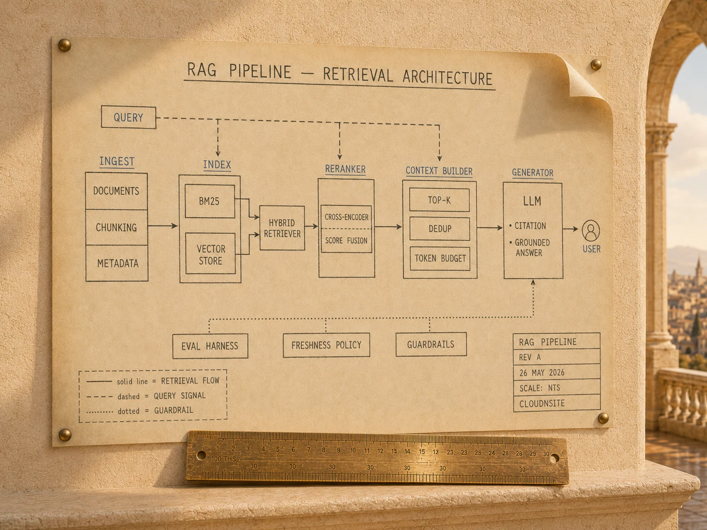 RAG pipeline retrieval architecture engineering plate showing ingest, BM25 plus vector index, hybrid retriever, reranker with cross-encoder and score fusion, context builder with top-k and token budget, generator with citation and grounded answer, plus eval harness, freshness policy, and guardrails.