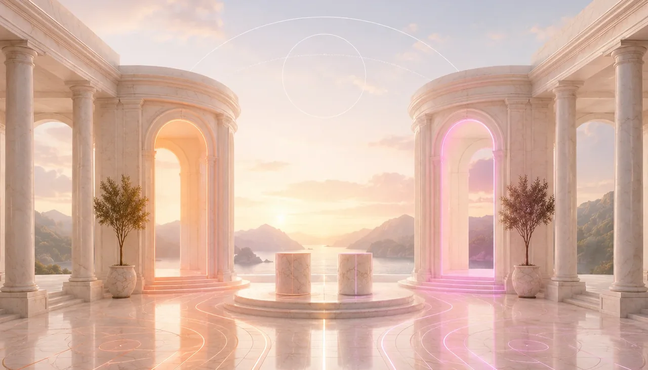 Symmetric marble plaza at sunset with two pedestals between glowing archways and converging light paths.