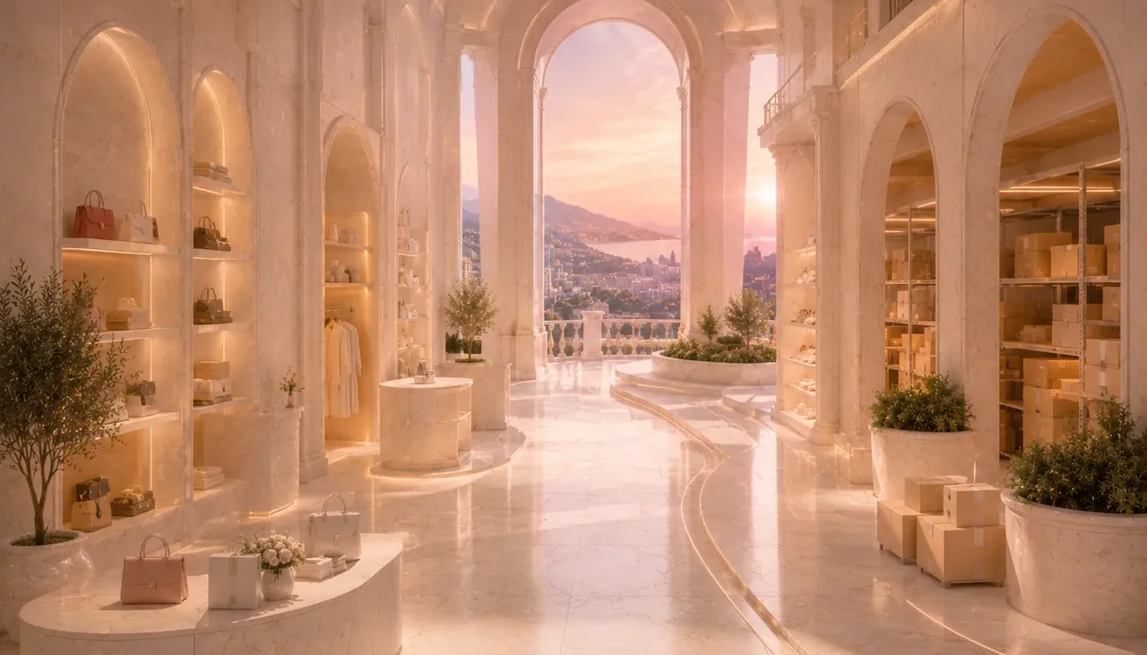 Sunlit luxury retail hall with display shelves of handbags and stacked fulfillment boxes overlooking a coastal sunset.