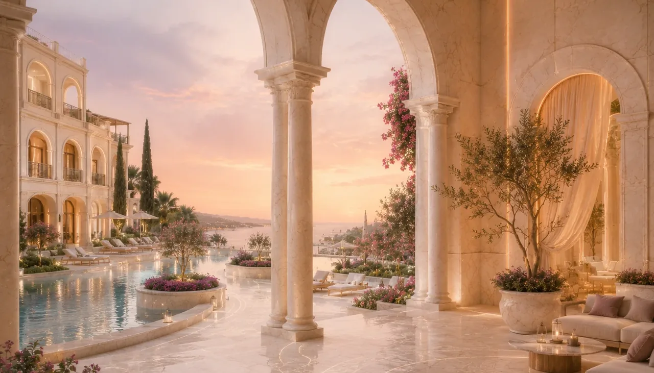 Luxury resort terrace at sunset with marble archways, an infinity pool, and coastal views.